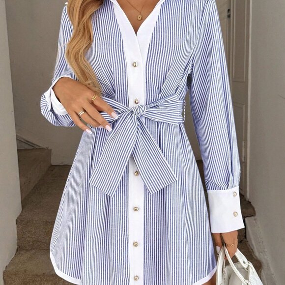 Blue And White Casual Women's Color Block Lantern Sleeve A-Line Dress - Picture 6 of 8